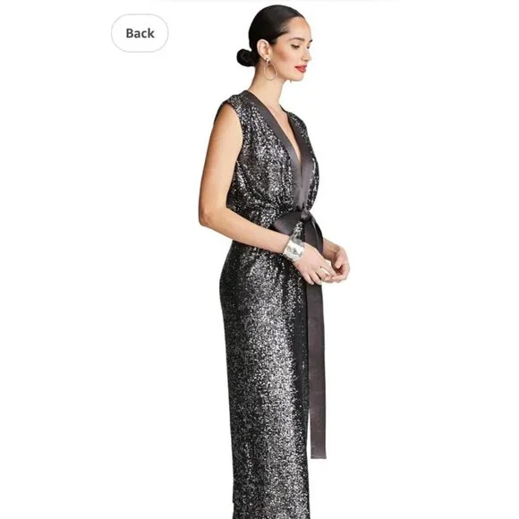 Halston Ranae Cocktail Dress Womens 0 Black Silver Sequin Sheath Blouson Drape